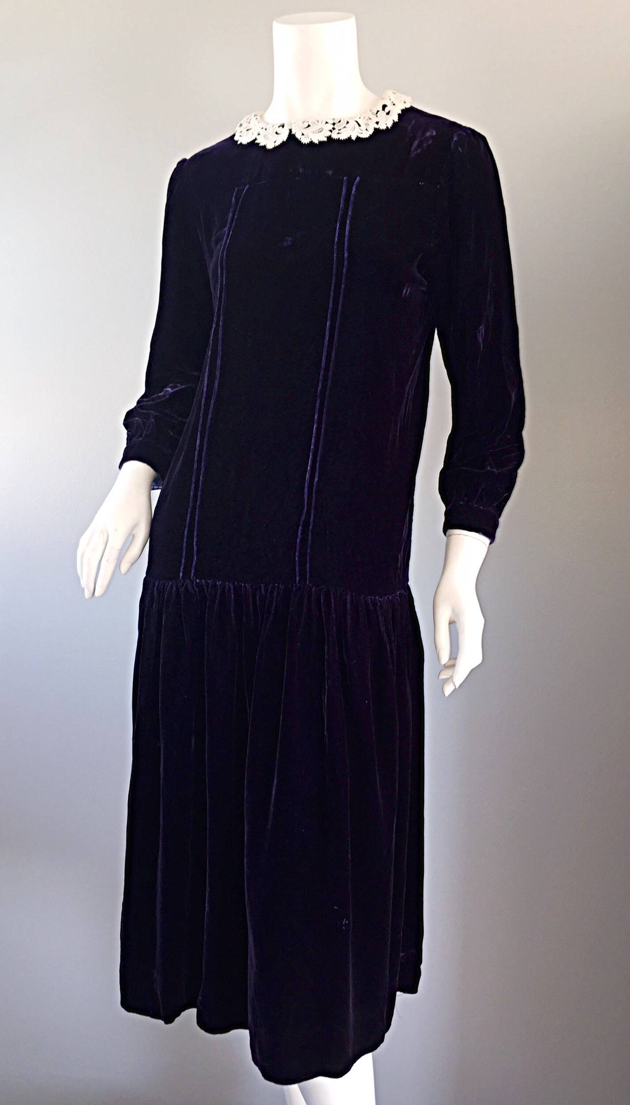 1920s Purple Eggplant Vintage Roaring 20s Velvet Flapper Dress w/ Lace ...