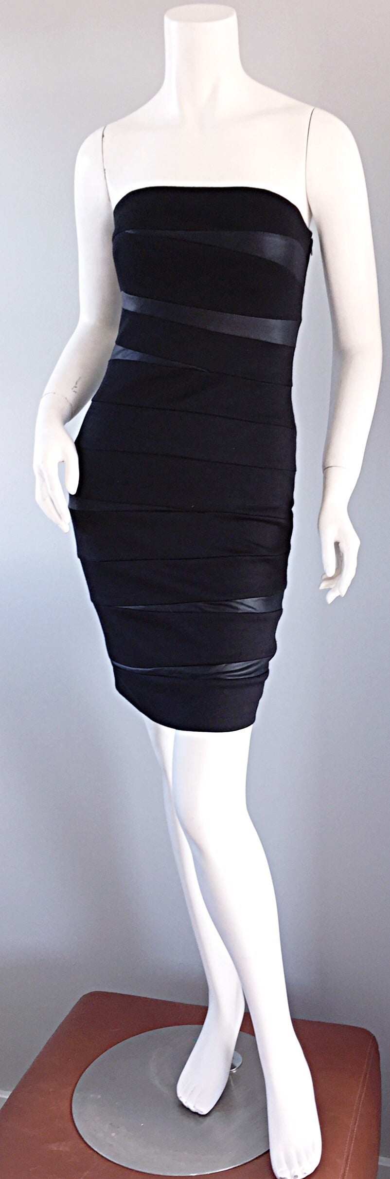 Sexy vintage Christian Dior, by John Galliano black strapless bandage dress! Alluring stitching, with pleather accents mixed in throughout. The perfect little black dress (LBD)!!! Looks great alone, or belted. Perfect with strappy heels, or great