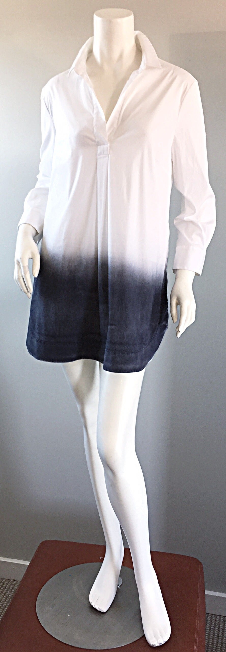 Brand new Piazza Sempione white and gray dip-dyed cotton stretch tunic! Retailed for $895, and never worn! Side vents, with an oversized, yet slimming and tailored fit. Looks great with leggings, jeans, over a swimsuit, etc. In brand new condition.