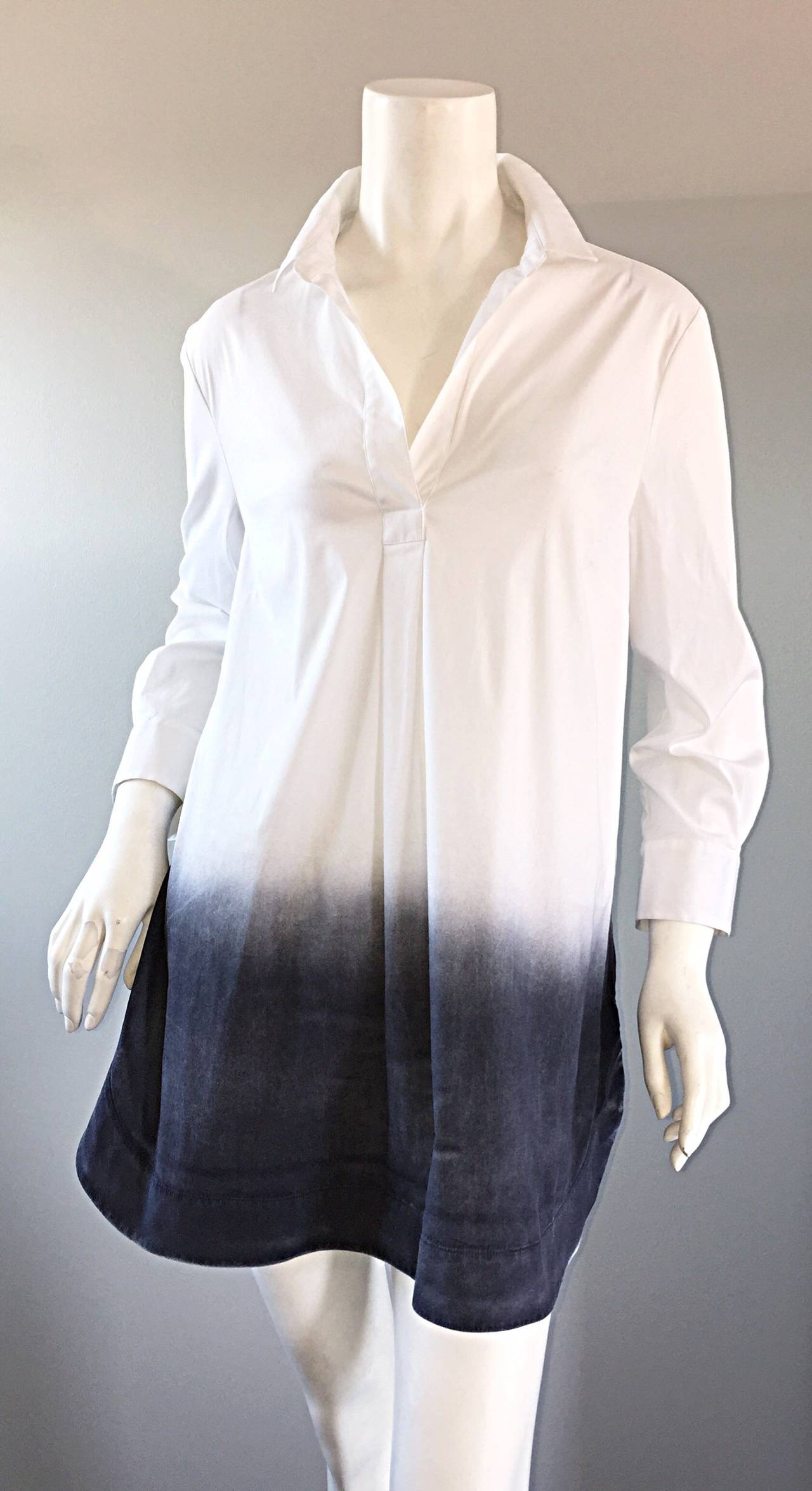 Brand New Piazza Sempione White + Gray Dip - Dyed Cotton Tunic Shirt In New Condition In San Diego, CA