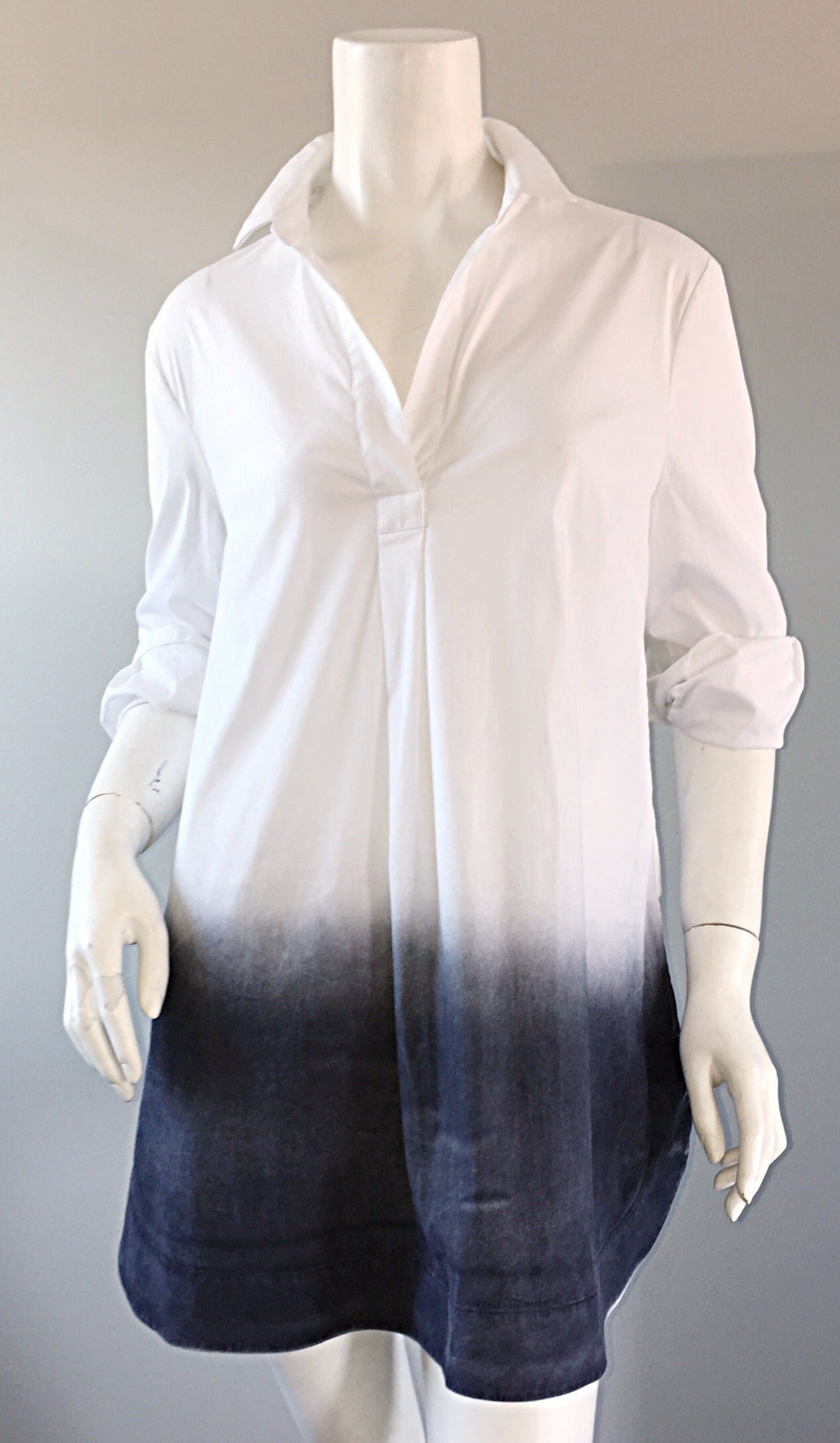 Brand New Piazza Sempione White + Gray Dip - Dyed Cotton Tunic Shirt 2