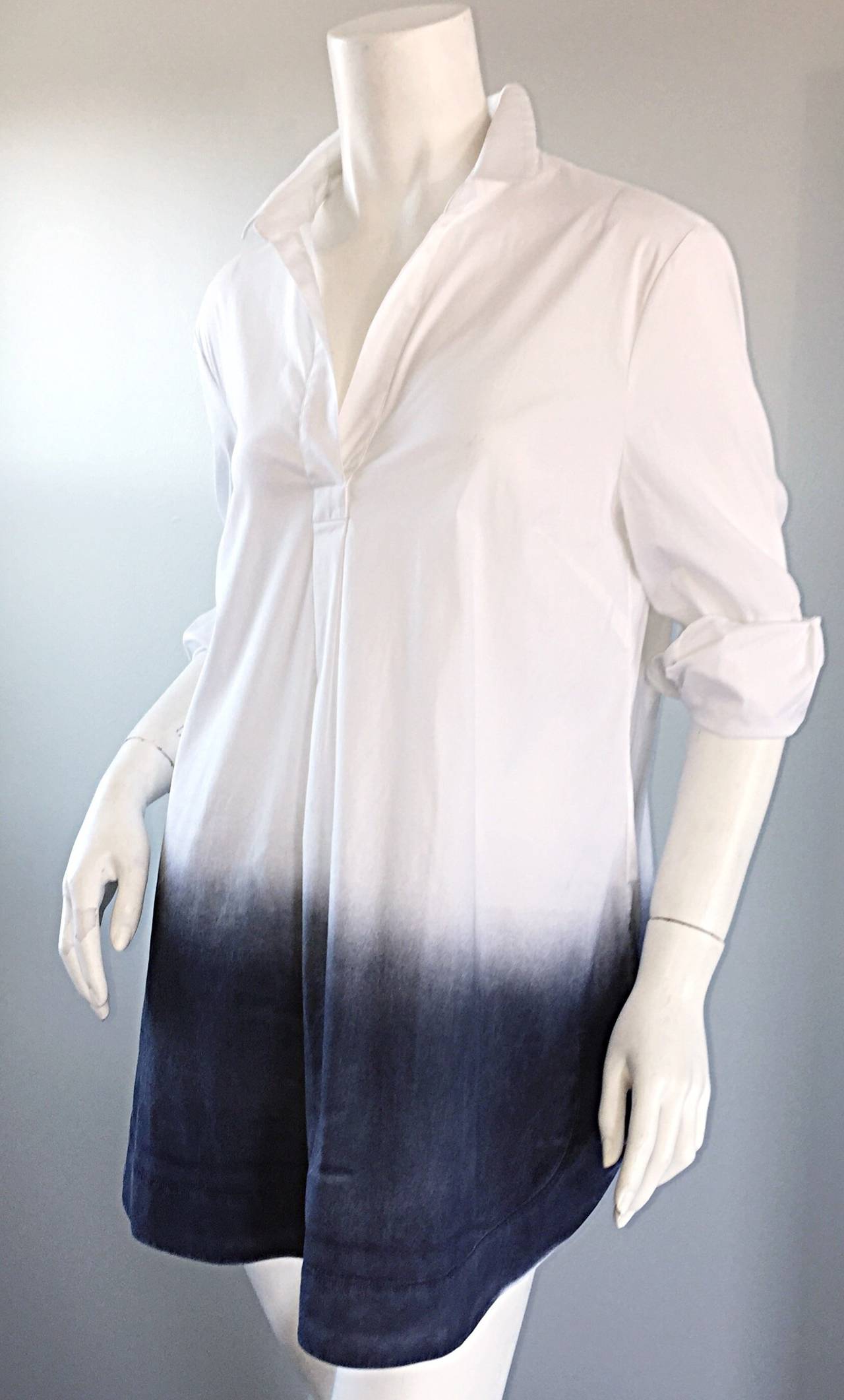 Brand New Piazza Sempione White + Gray Dip - Dyed Cotton Tunic Shirt 4