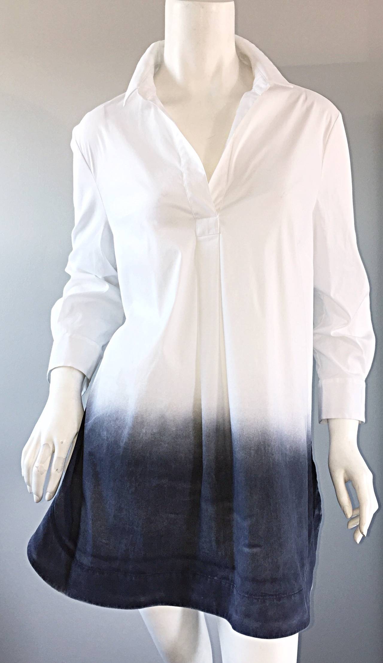 Brand New Piazza Sempione White + Gray Dip - Dyed Cotton Tunic Shirt 5