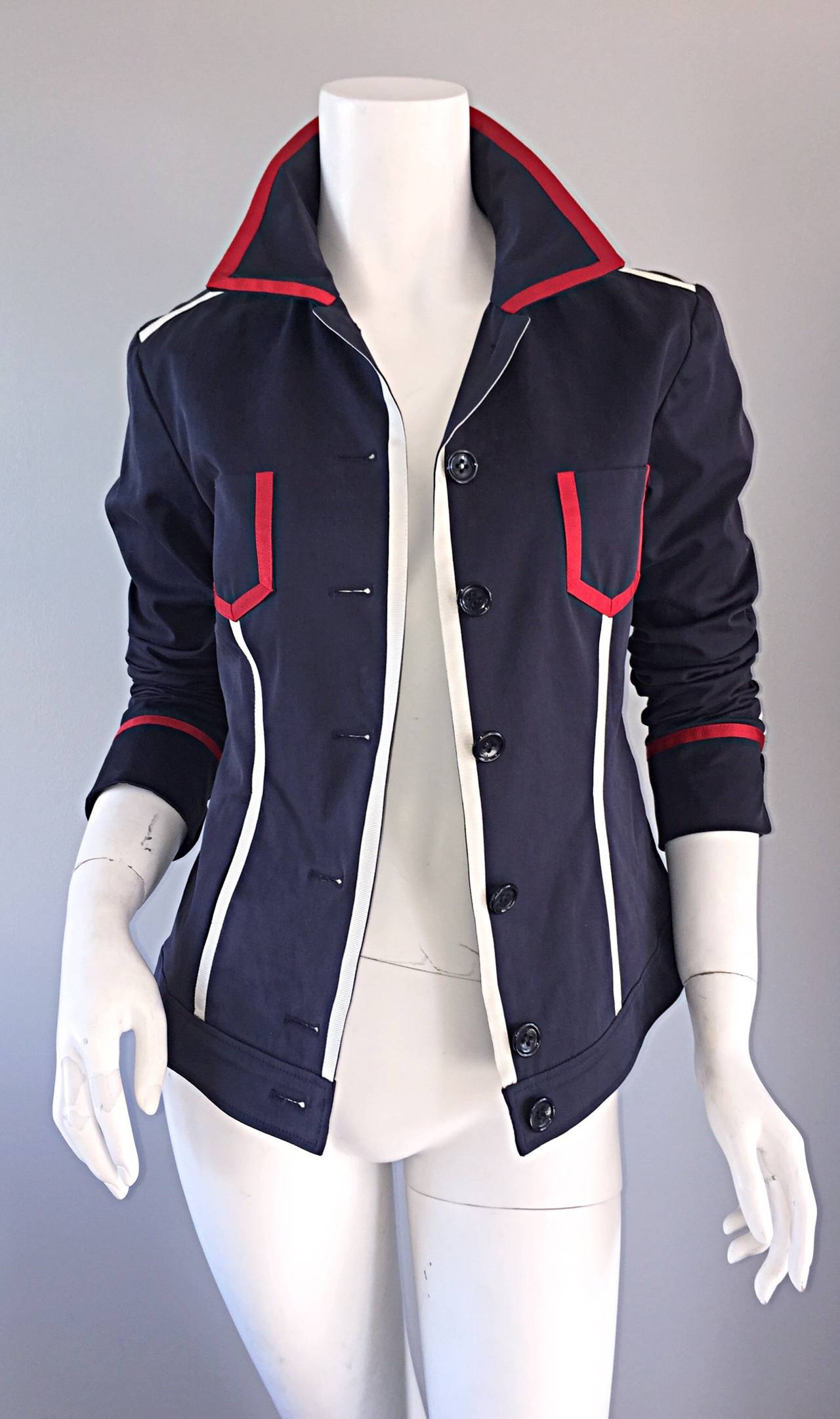 Escada Nautical Navy Blue + Red + White Ribbon Jacket In Excellent Condition For Sale In San Diego, CA