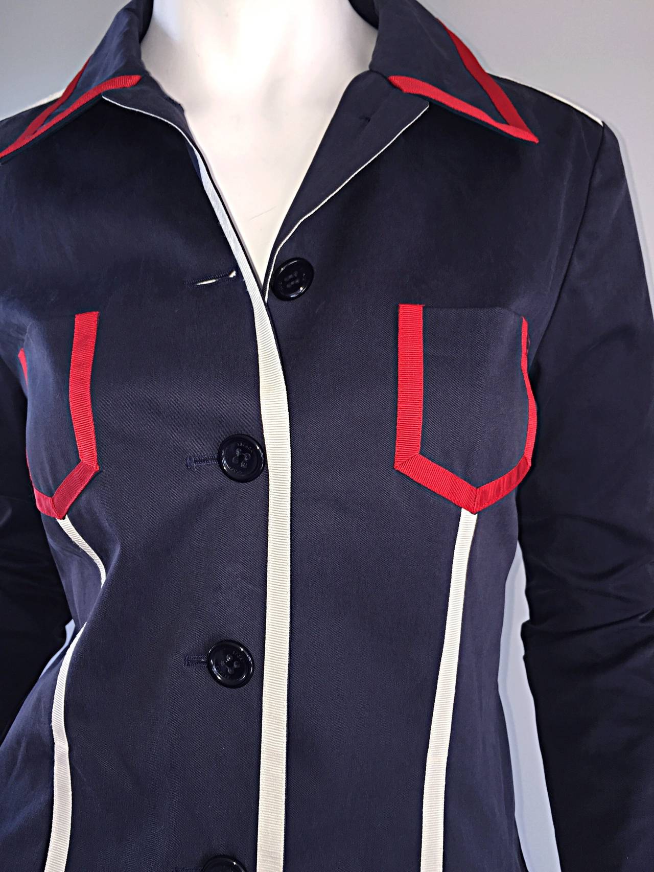 Women's Escada Nautical Navy Blue + Red + White Ribbon Jacket For Sale