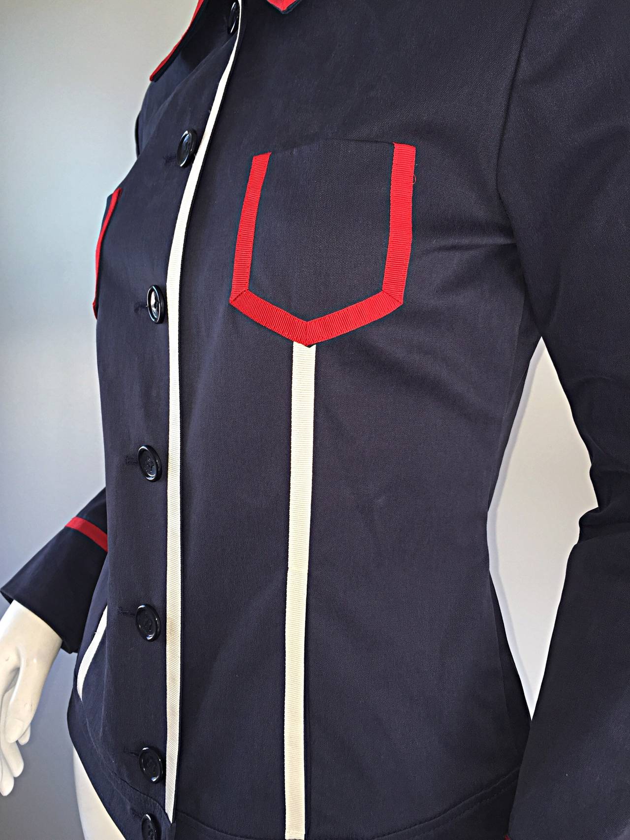 Escada Nautical Navy Blue + Red + White Ribbon Jacket For Sale 2