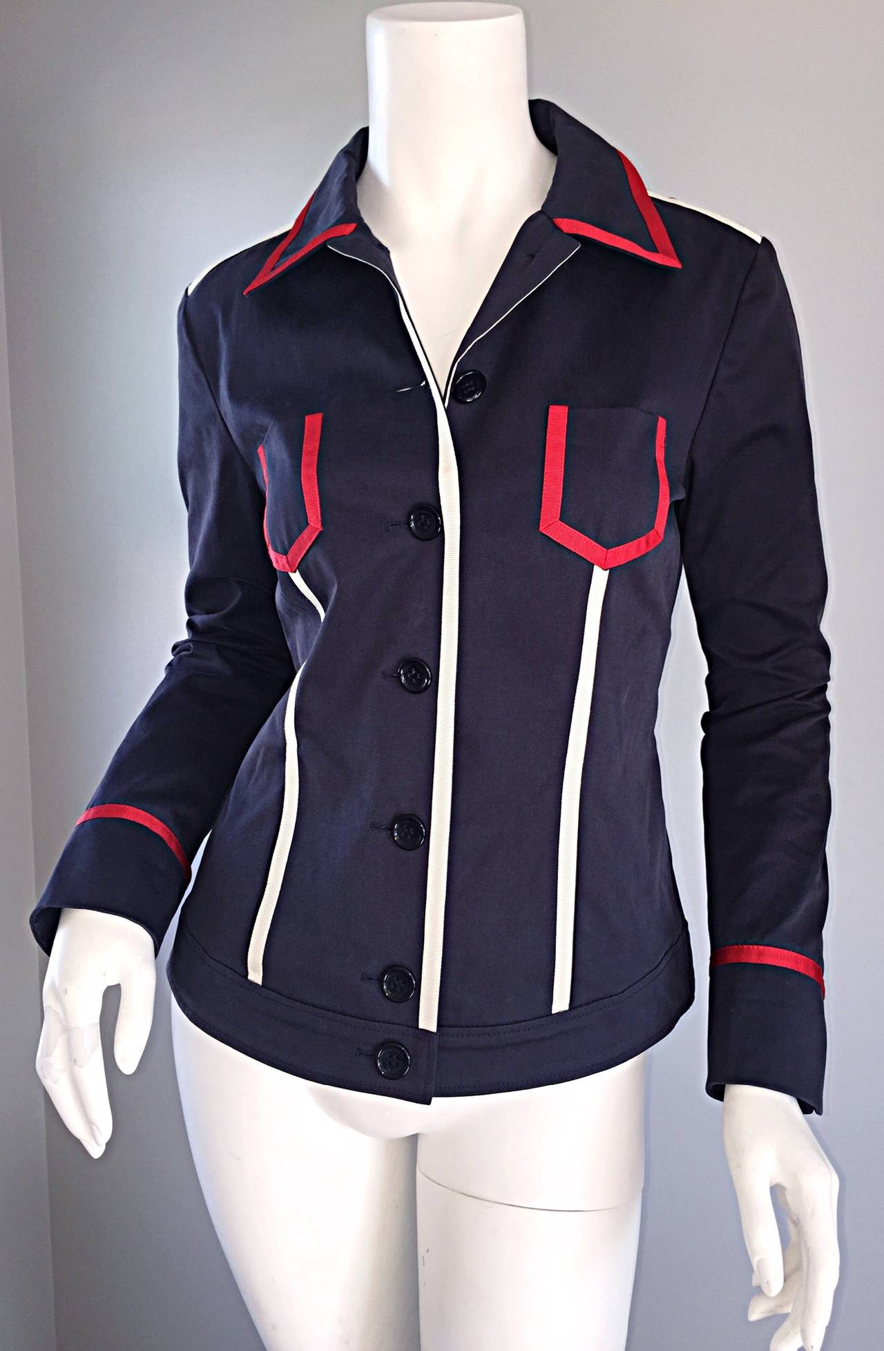 Escada Nautical Navy Blue + Red + White Ribbon Jacket For Sale at 1stDibs