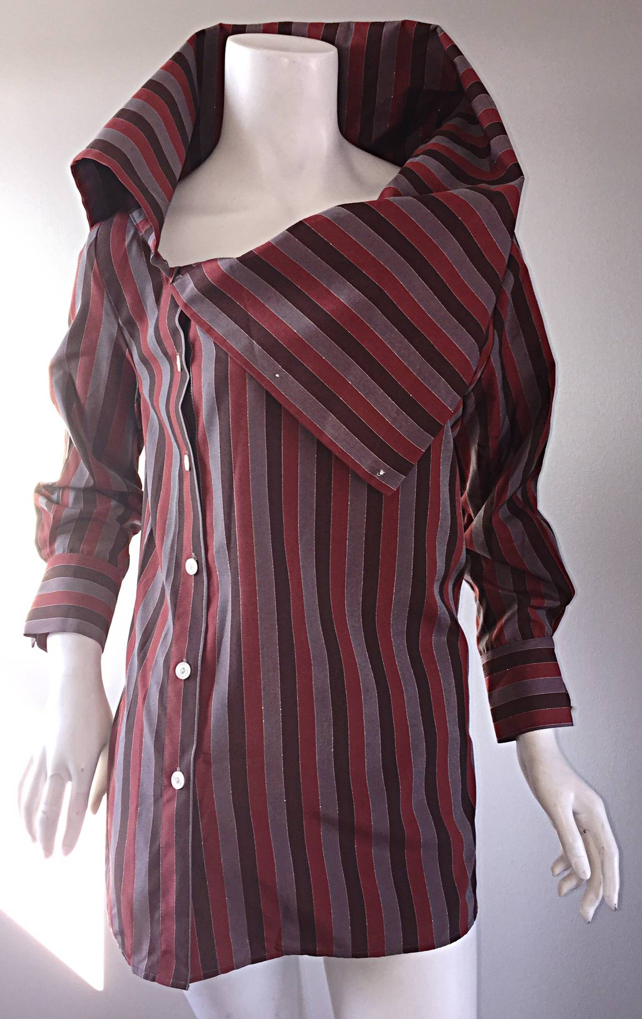 Project Runway Darling Calvin Tran Avant Garde Striped Asymmetrical Silk Blouse In Excellent Condition In San Diego, CA