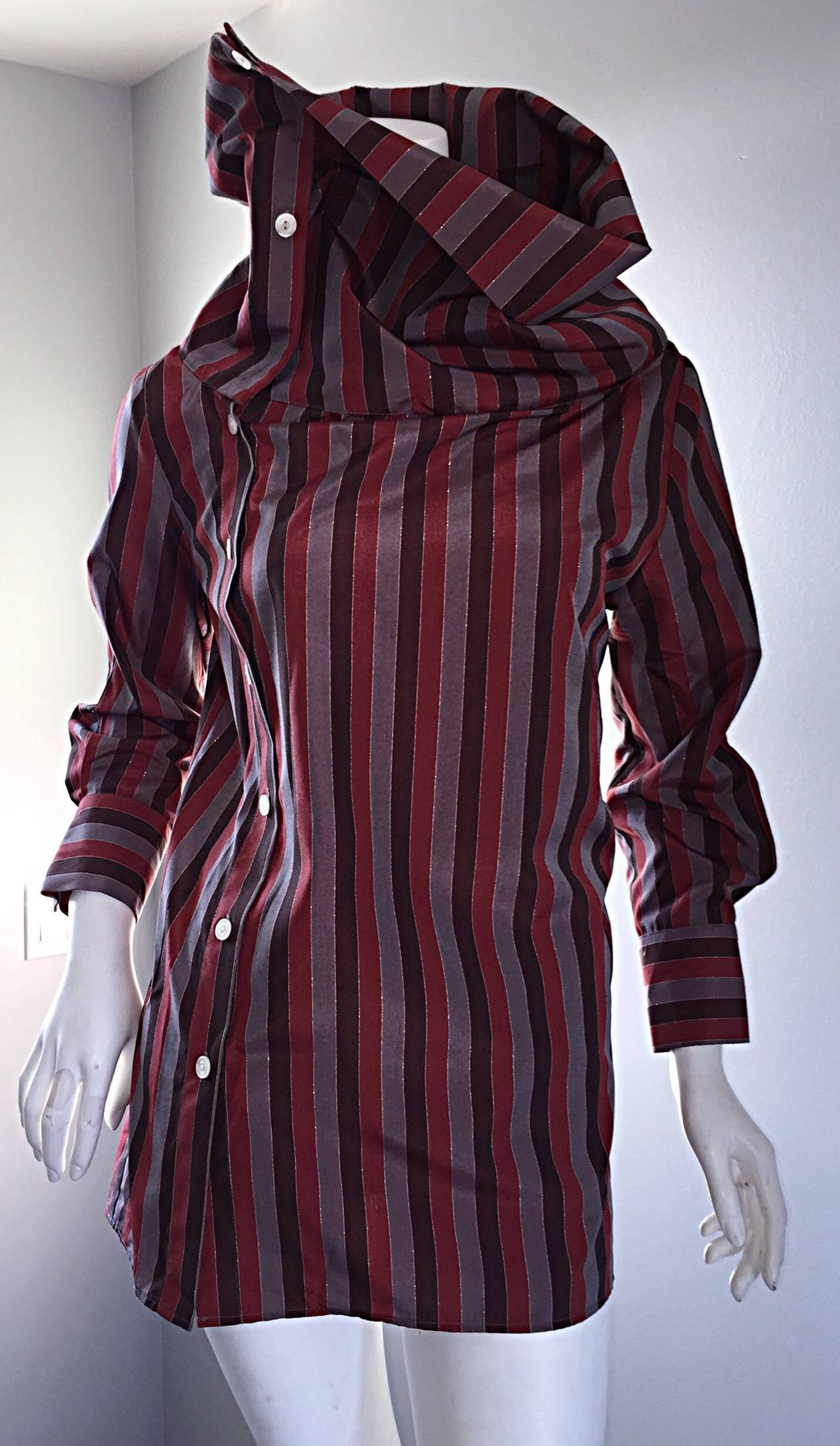 Women's Project Runway Darling Calvin Tran Avant Garde Striped Asymmetrical Silk Blouse