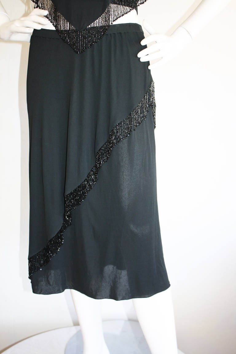 Holly's Harp Vintage Black Beaded Boho Crop Top and Skirt Ensemble In Excellent Condition In San Diego, CA
