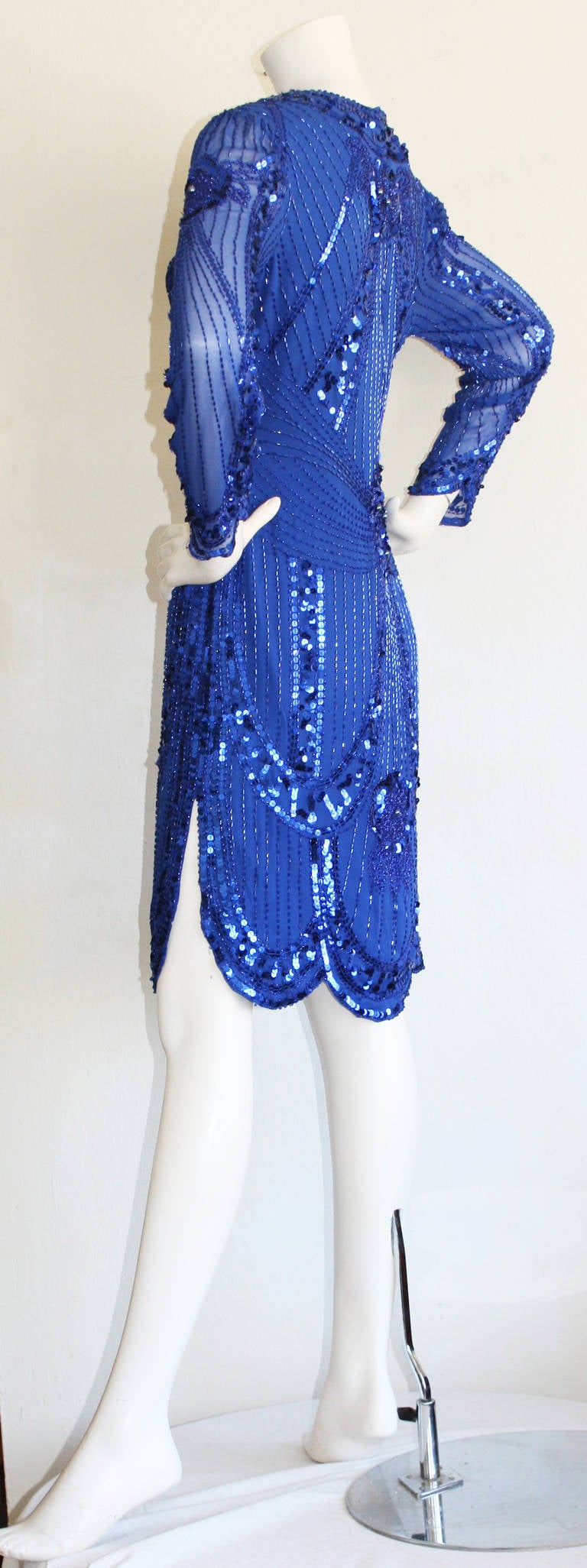 Extraordinary Vintage Lanvin Blue Sequin Flapper Dress In Excellent Condition In San Diego, CA