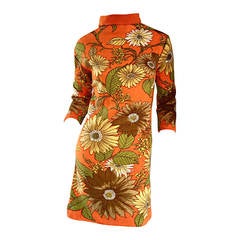 1960s 60s Threemen Vintage Orange Sweater Dress w/ Colorful Flowers + Daisies