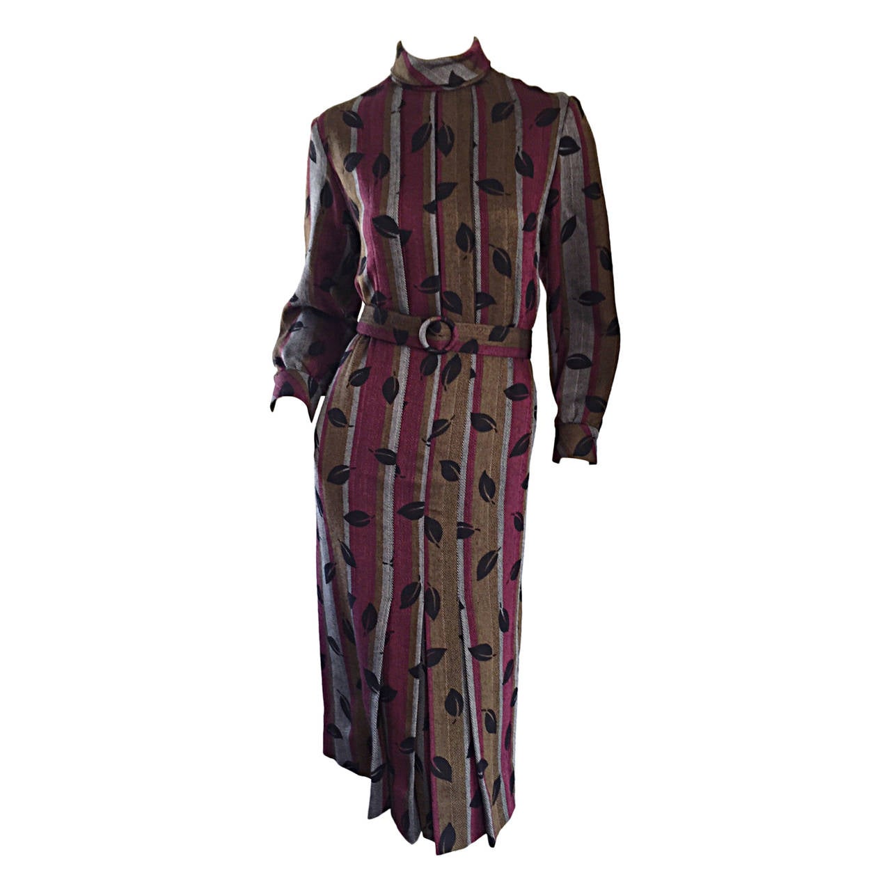 Vintage Piccoli Made in Italy ' Leaves + Herringbone ' Wool Dress w/ Belt For Sale