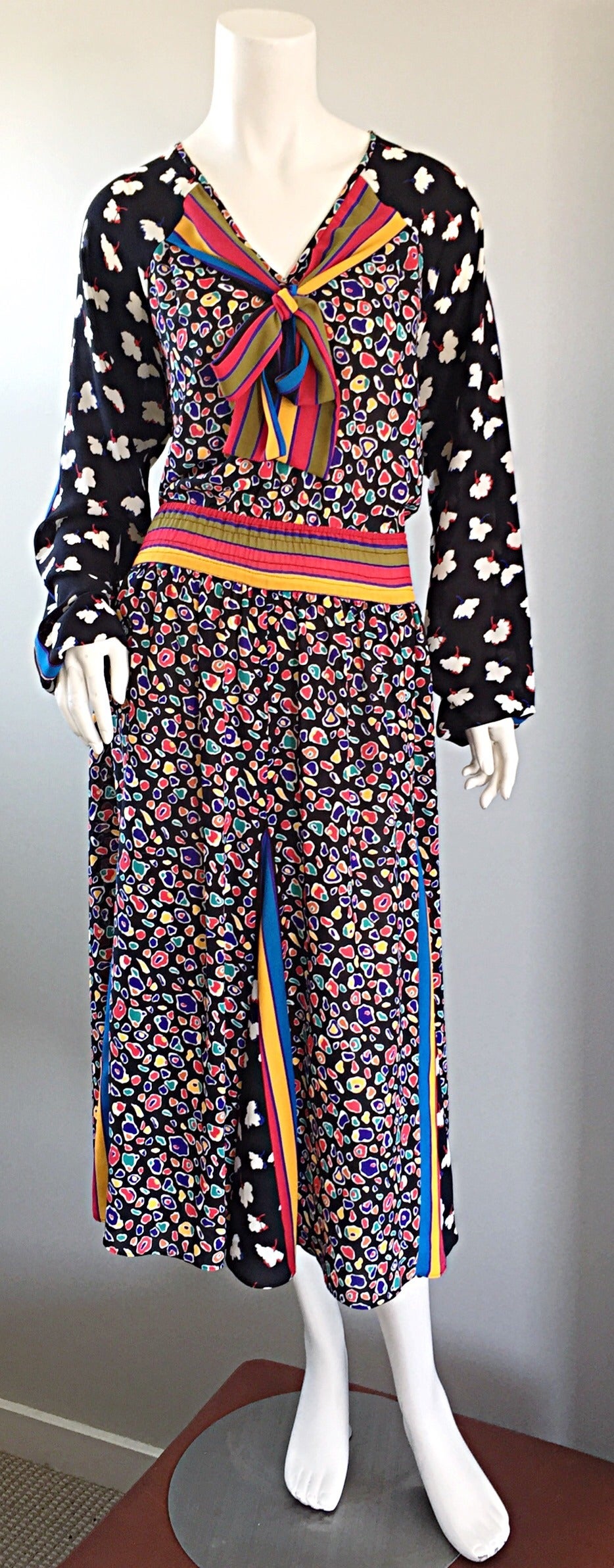 Black Chic Vintage 1980s Op - Art Colorful Multi - Print Boho / Bohemian Dress