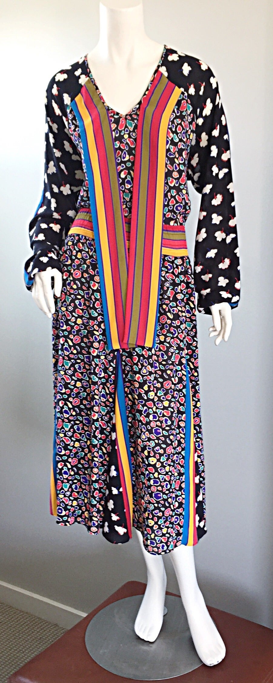 Women's Chic Vintage 1980s Op - Art Colorful Multi - Print Boho / Bohemian Dress