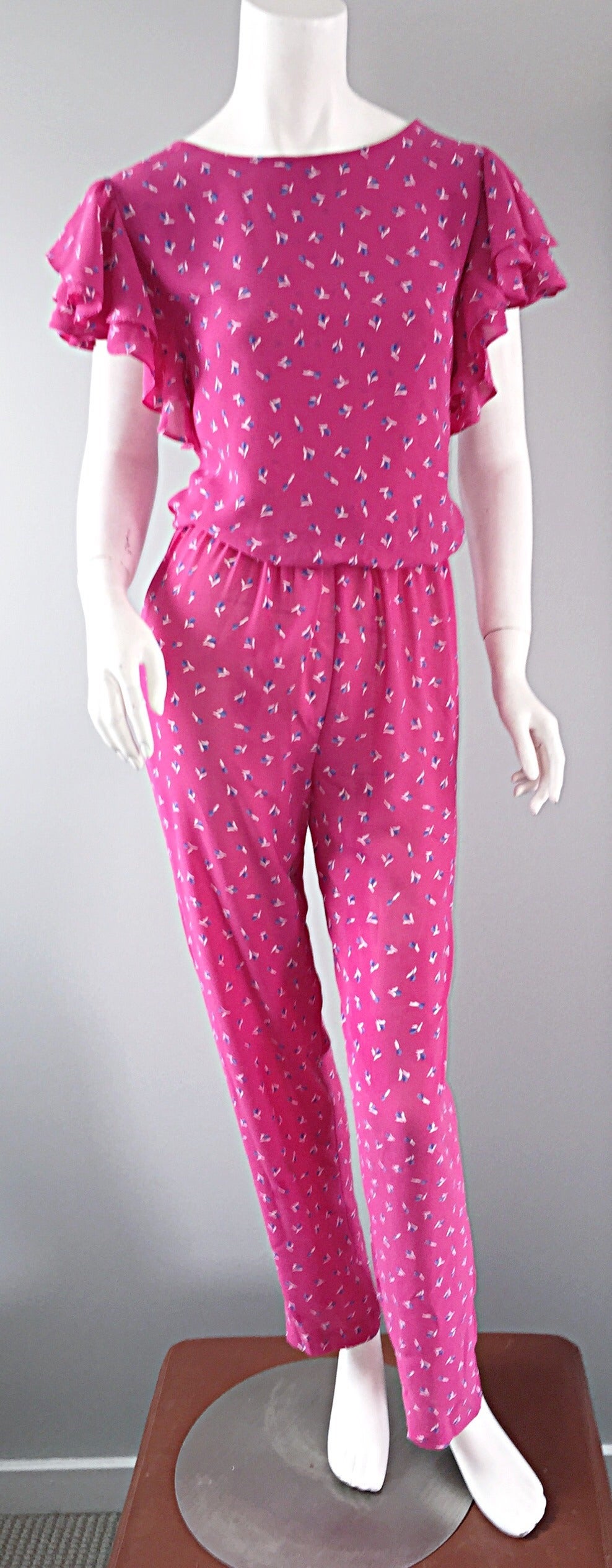 Incredible Vintage Pink Boho Jumpsuit, w/ Ruffles + Flowers / Roses In Excellent Condition In San Diego, CA