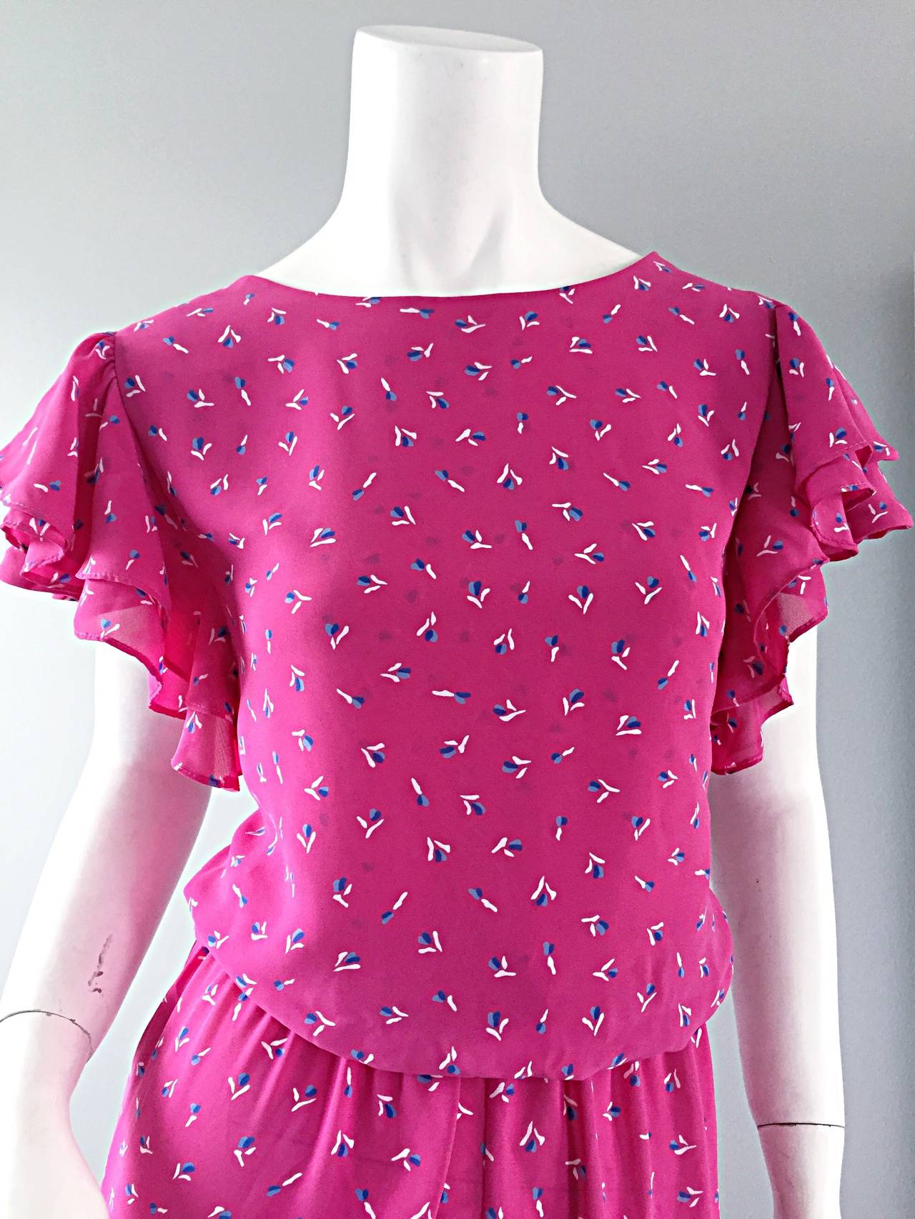 Women's Incredible Vintage Pink Boho Jumpsuit, w/ Ruffles + Flowers / Roses