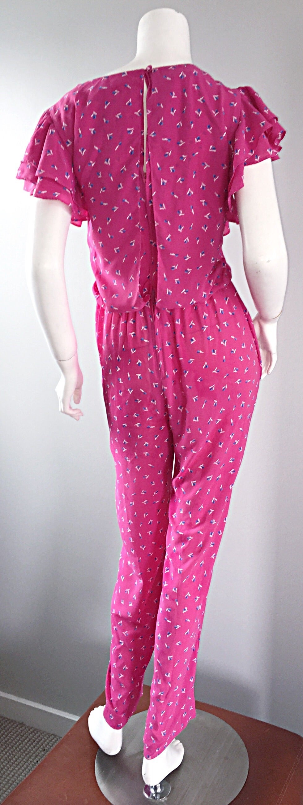 Incredible Vintage Pink Boho Jumpsuit, w/ Ruffles + Flowers / Roses 1