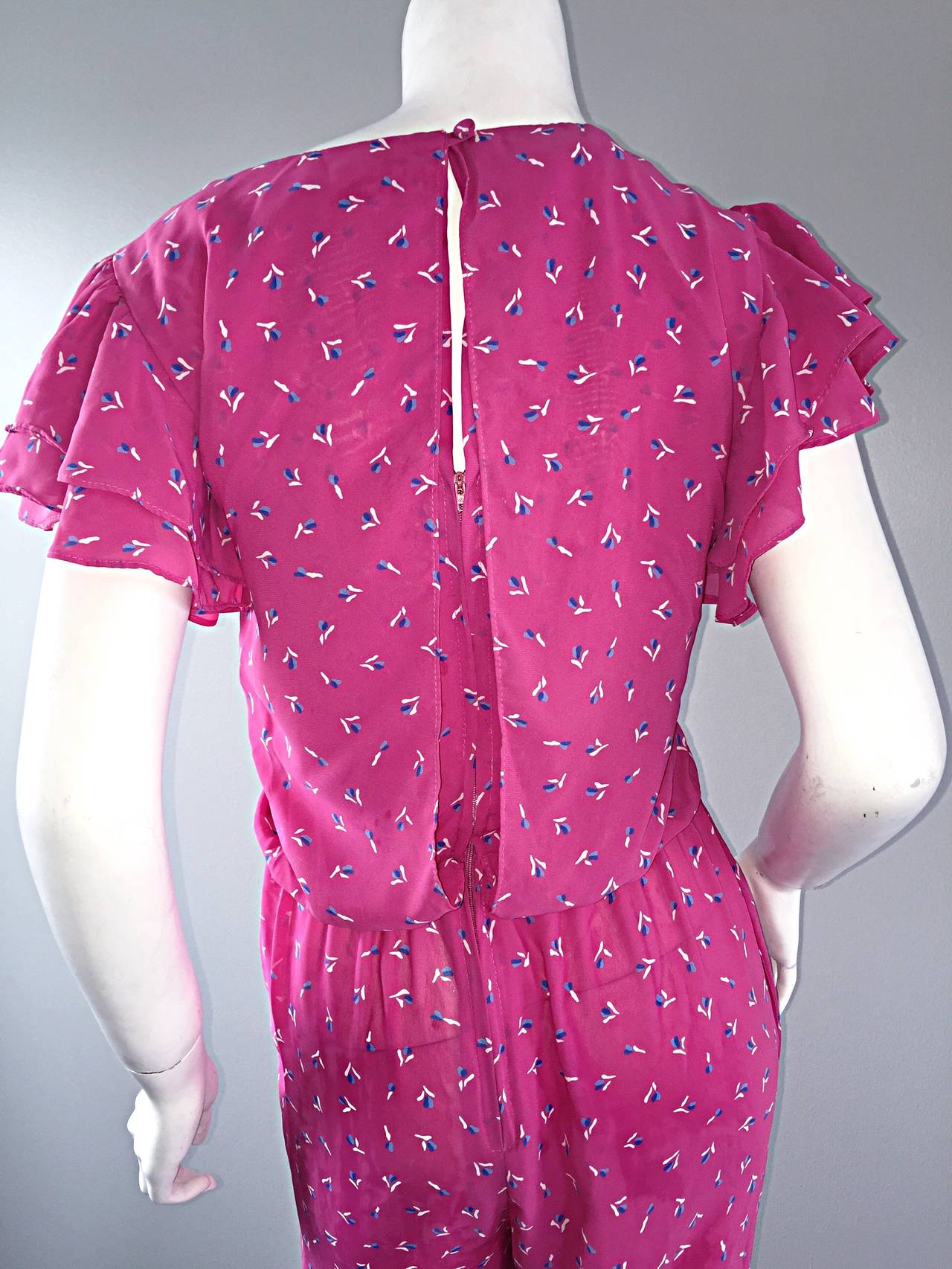 Incredible Vintage Pink Boho Jumpsuit, w/ Ruffles + Flowers / Roses 2