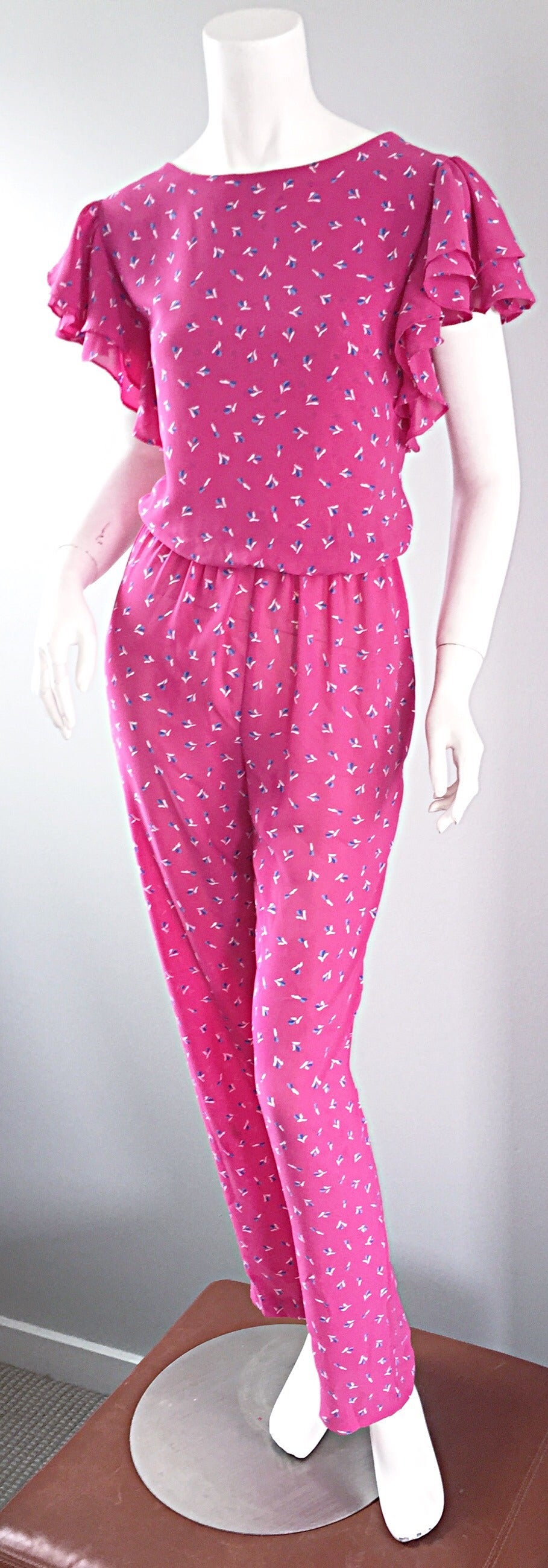 Incredible Vintage Pink Boho Jumpsuit, w/ Ruffles + Flowers / Roses 3