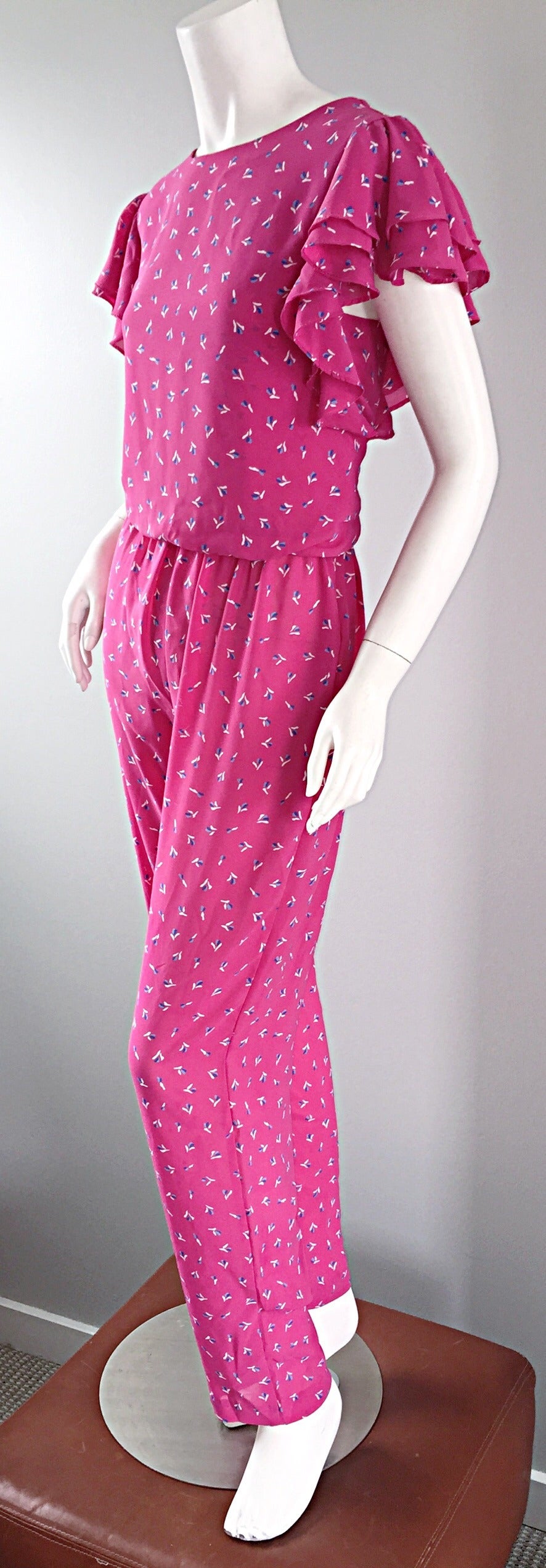Incredible Vintage Pink Boho Jumpsuit, w/ Ruffles + Flowers / Roses 4