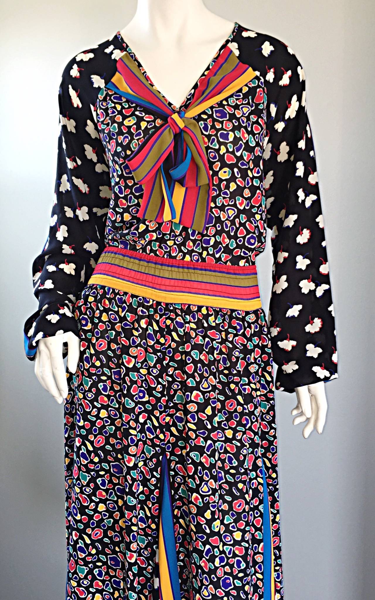 Chic Vintage 1980s Op - Art Colorful Multi - Print Boho / Bohemian Dress 2