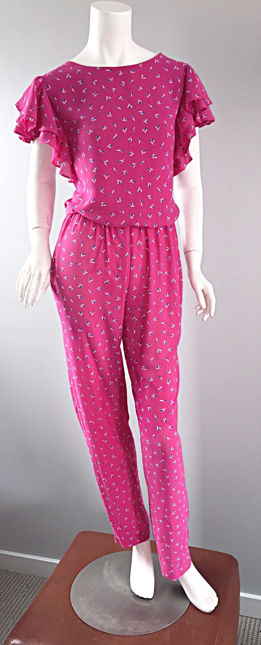 Incredible Vintage Pink Boho Jumpsuit, w/ Ruffles + Flowers / Roses 5