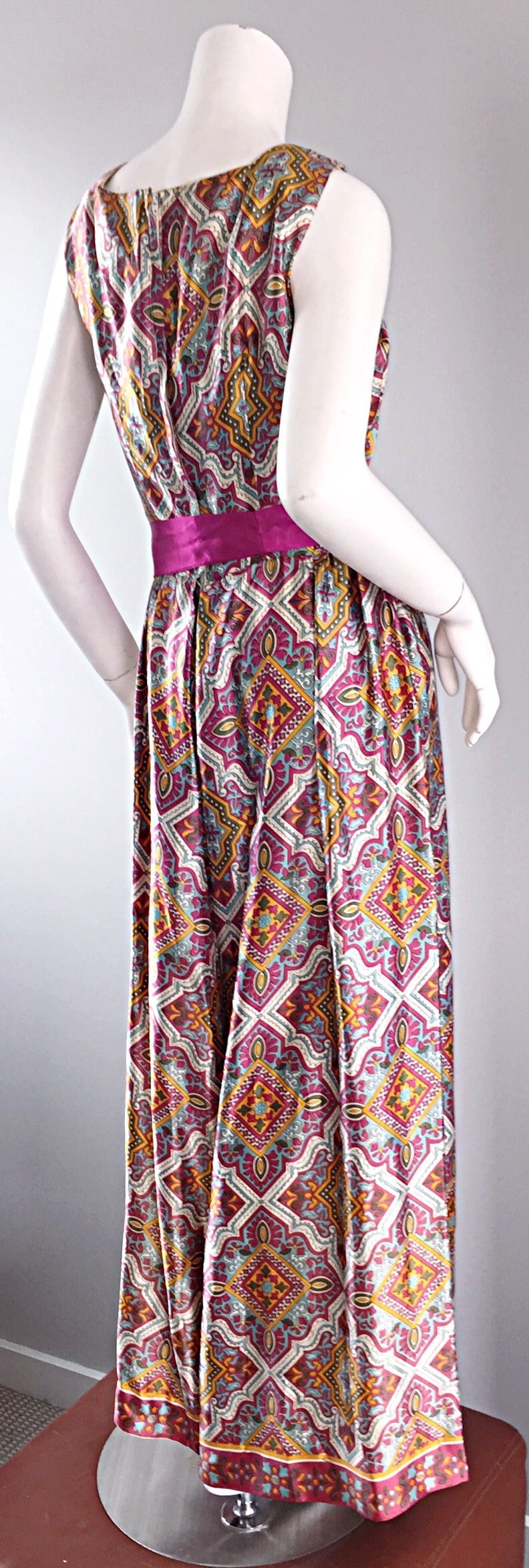 Brown Amazing 1960s 60s Roberta Lynn Silk Ethnic / Indian Print Vintage Silk Jumpsuit