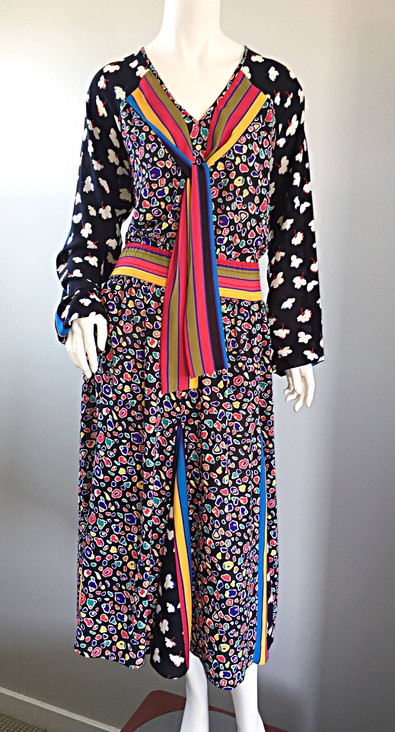 Chic Vintage 1980s Op - Art Colorful Multi - Print Boho / Bohemian Dress 4