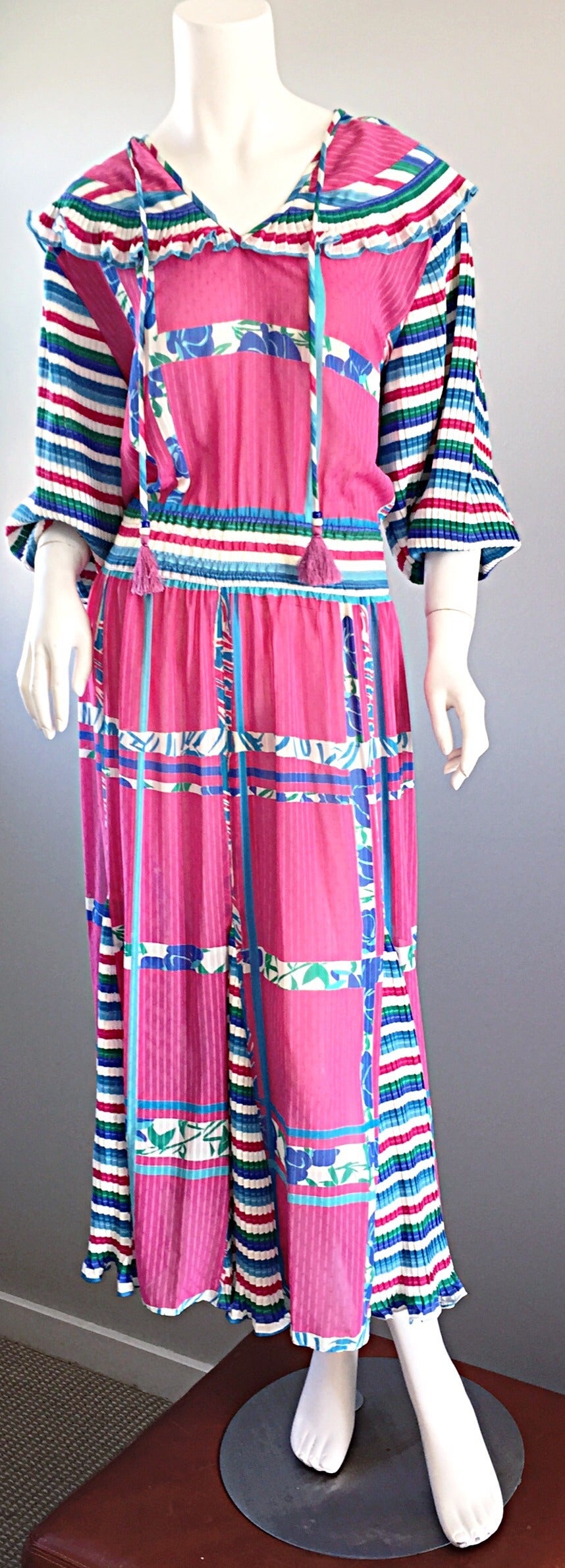 Vintage Diane Fres Colorful Pink ' Candy Stripes ' + Flowers Boho Dress