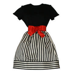 Bill Blass Vintage Black & White Stripe Dress w/ Red Bow Belt