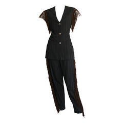 Rifat Ozbek Vintage Leather Fringe Pinstripe Suit