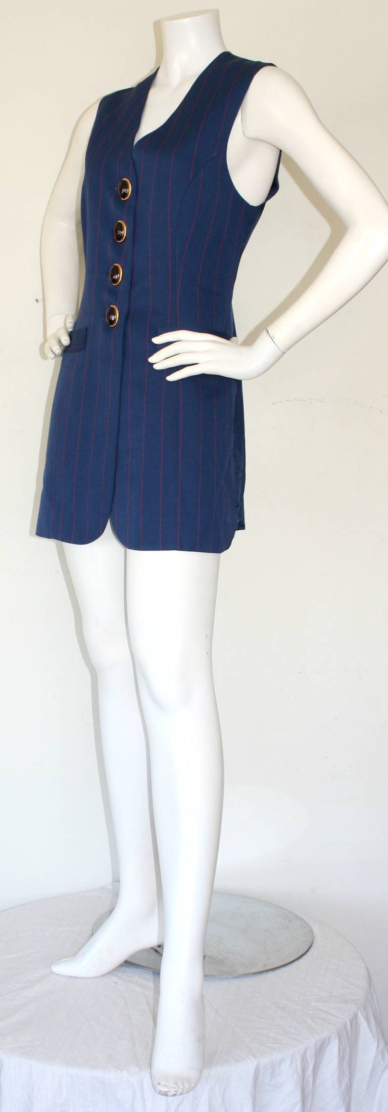 Purple Christian Dior Haute Couture Vintage Navy Red Pinstripe Waistcoat Dress