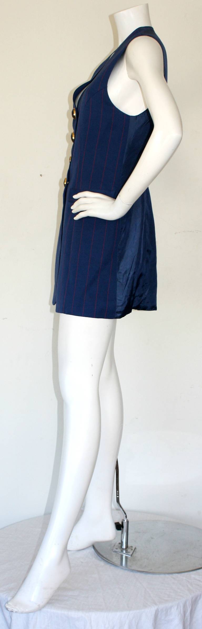 Christian Dior Haute Couture Vintage Navy Red Pinstripe Waistcoat Dress In Excellent Condition In San Diego, CA