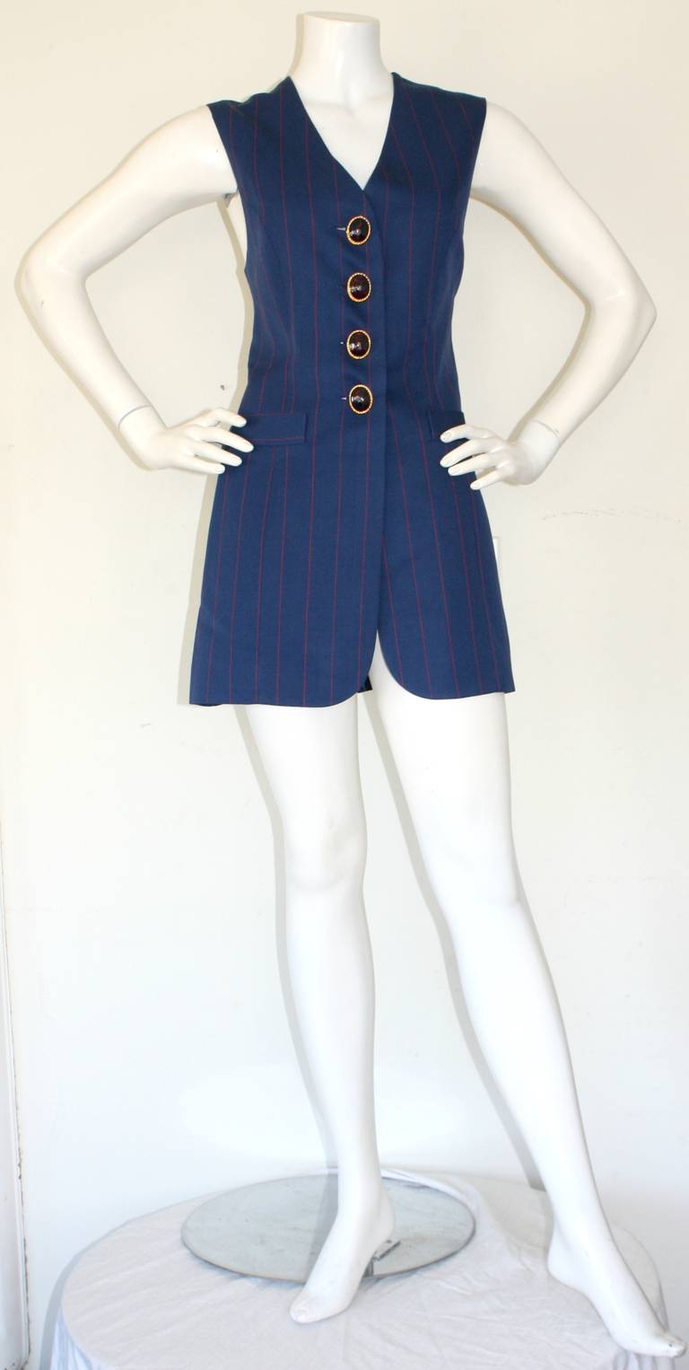 Christian Dior Haute Couture Vintage Navy Red Pinstripe Waistcoat Dress 1