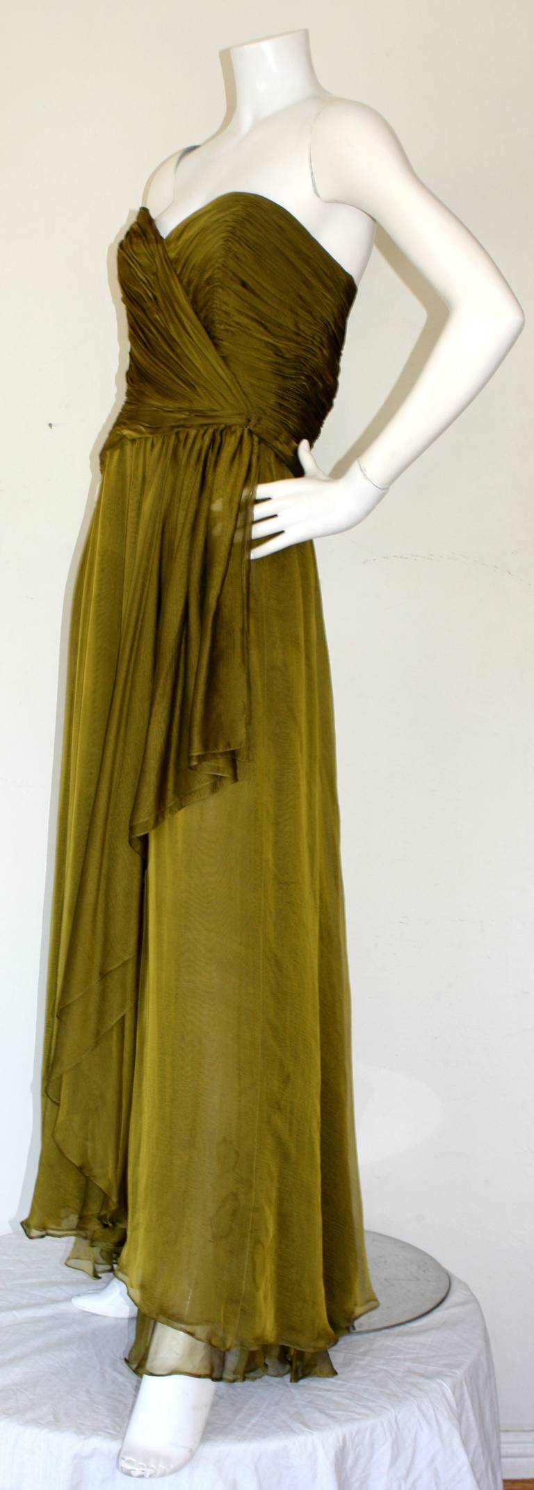 Oscar de la Renta Vintage Chartreuse Grecian Chiffon Dress In Excellent Condition In San Diego, CA