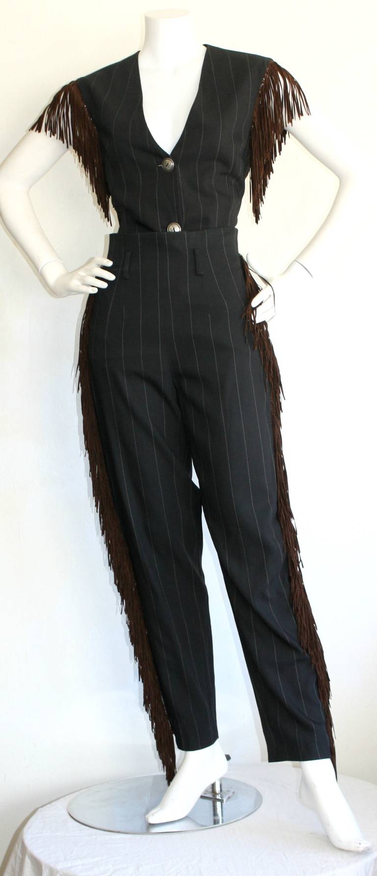 Black Rifat Ozbek Vintage Leather Fringe Pinstripe Suit