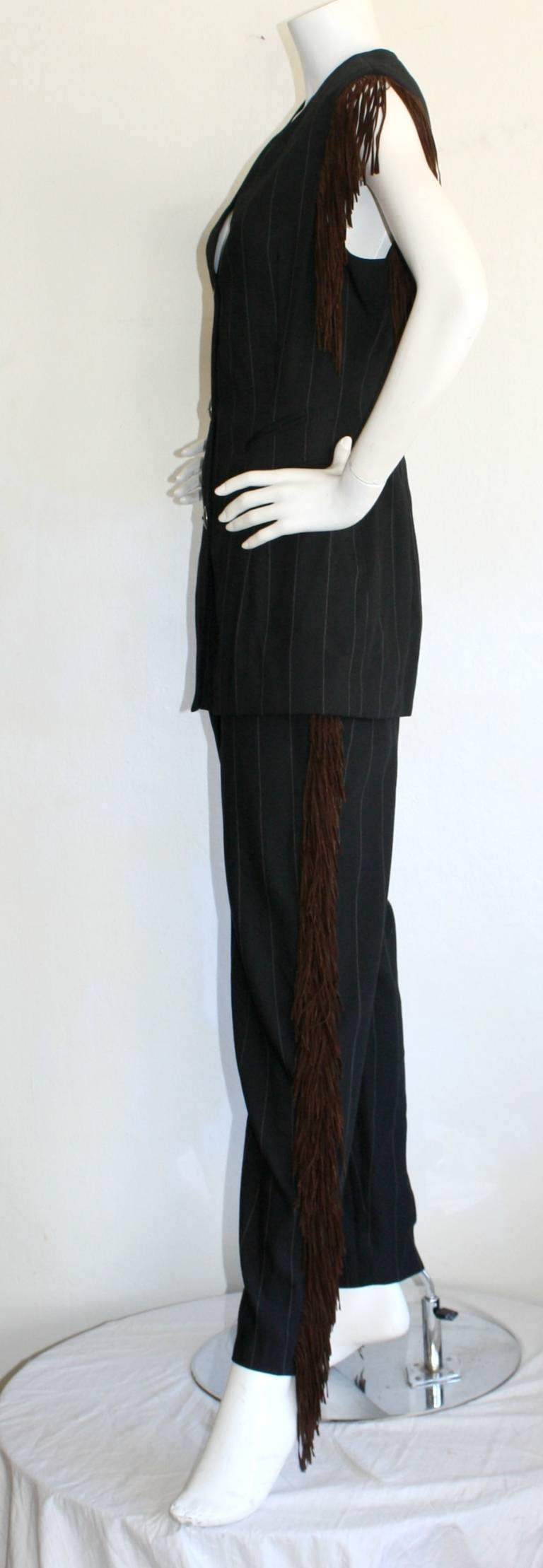 Rifat Ozbek Vintage Leather Fringe Pinstripe Suit In Excellent Condition In San Diego, CA