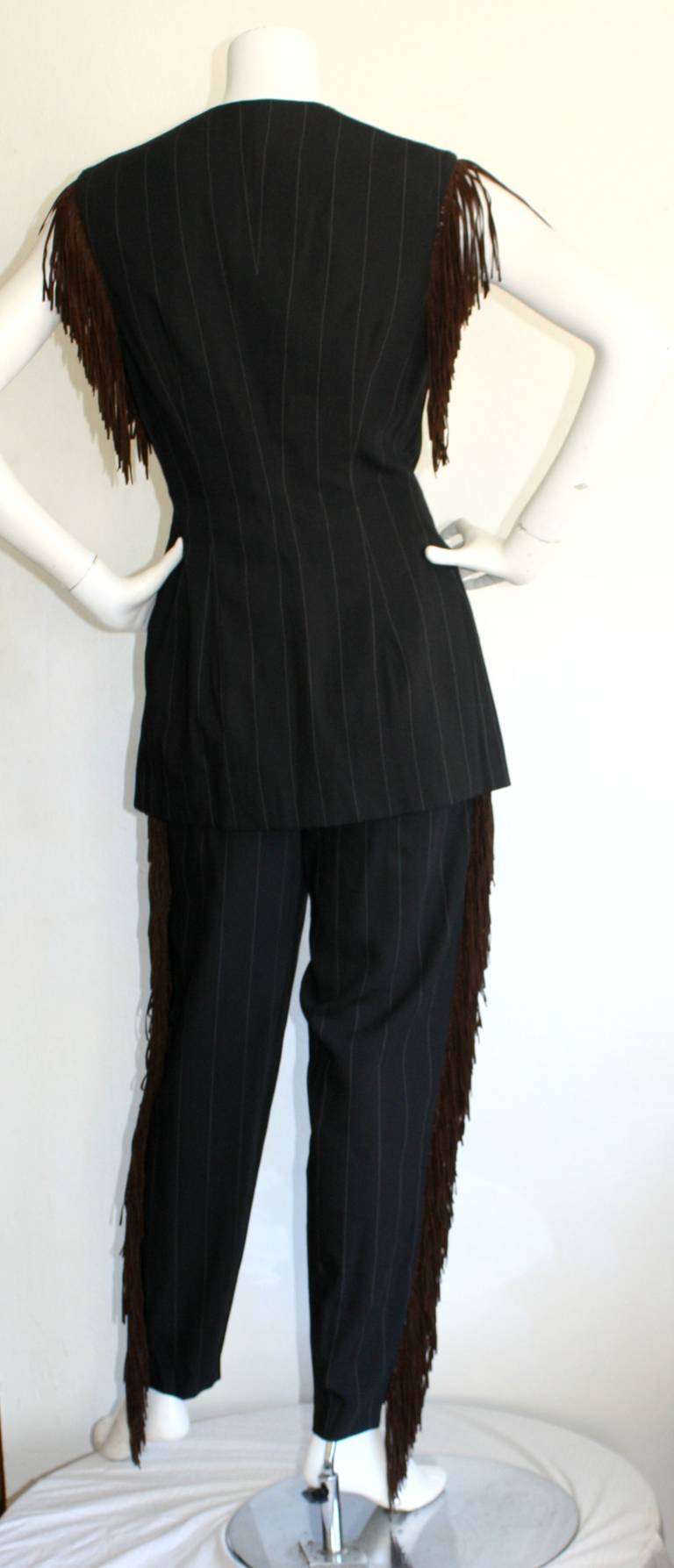 Women's Rifat Ozbek Vintage Leather Fringe Pinstripe Suit