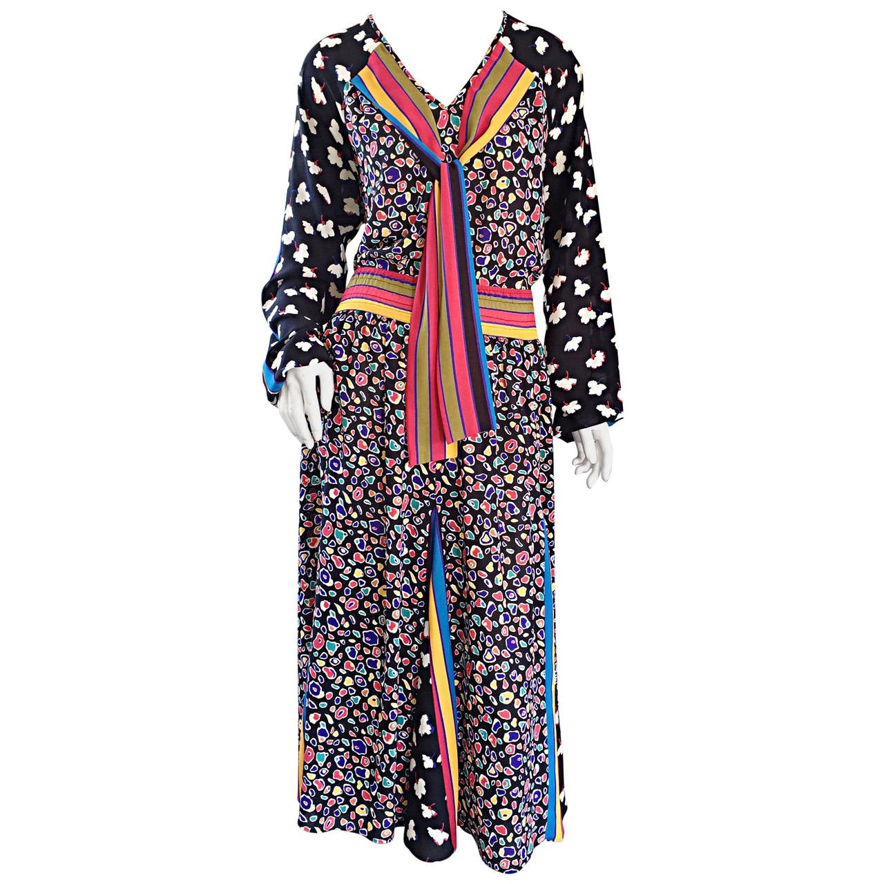 Chic Vintage 1980s Op - Art Colorful Multi - Print Boho / Bohemian Dress