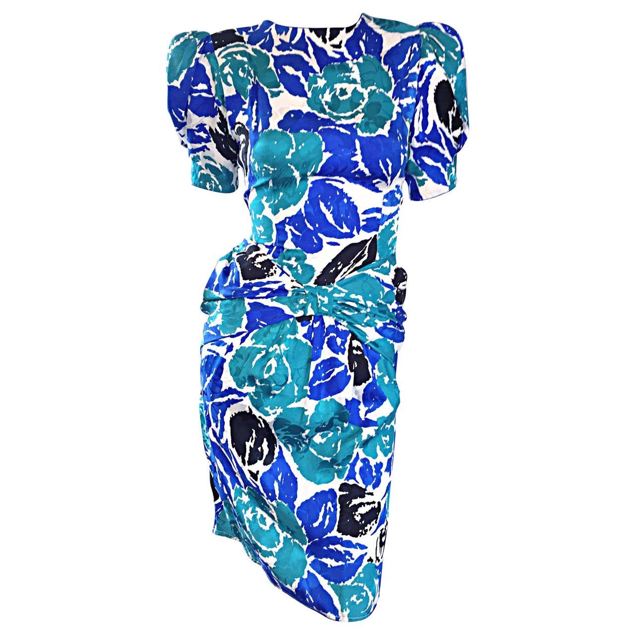 Robe vintage Flora Kung taille 6, fleurs bleues, sarcelles et noires froncées