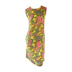 1960s 60s Yellow + Pink + Green Paisley Mod Retro Vintage Cotton Shift Dress 1