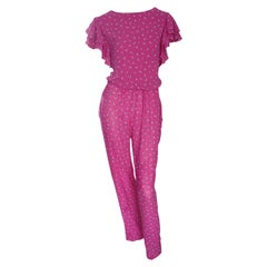 Incredible Vintage Pink Boho Jumpsuit, w/ Ruffles + Flowers / Roses