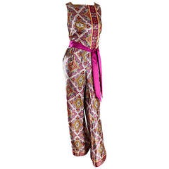 Amazing 1960s 60s Roberta Lynn Silk Ethnic / Indian Print Vintage Silk Jumpsuit