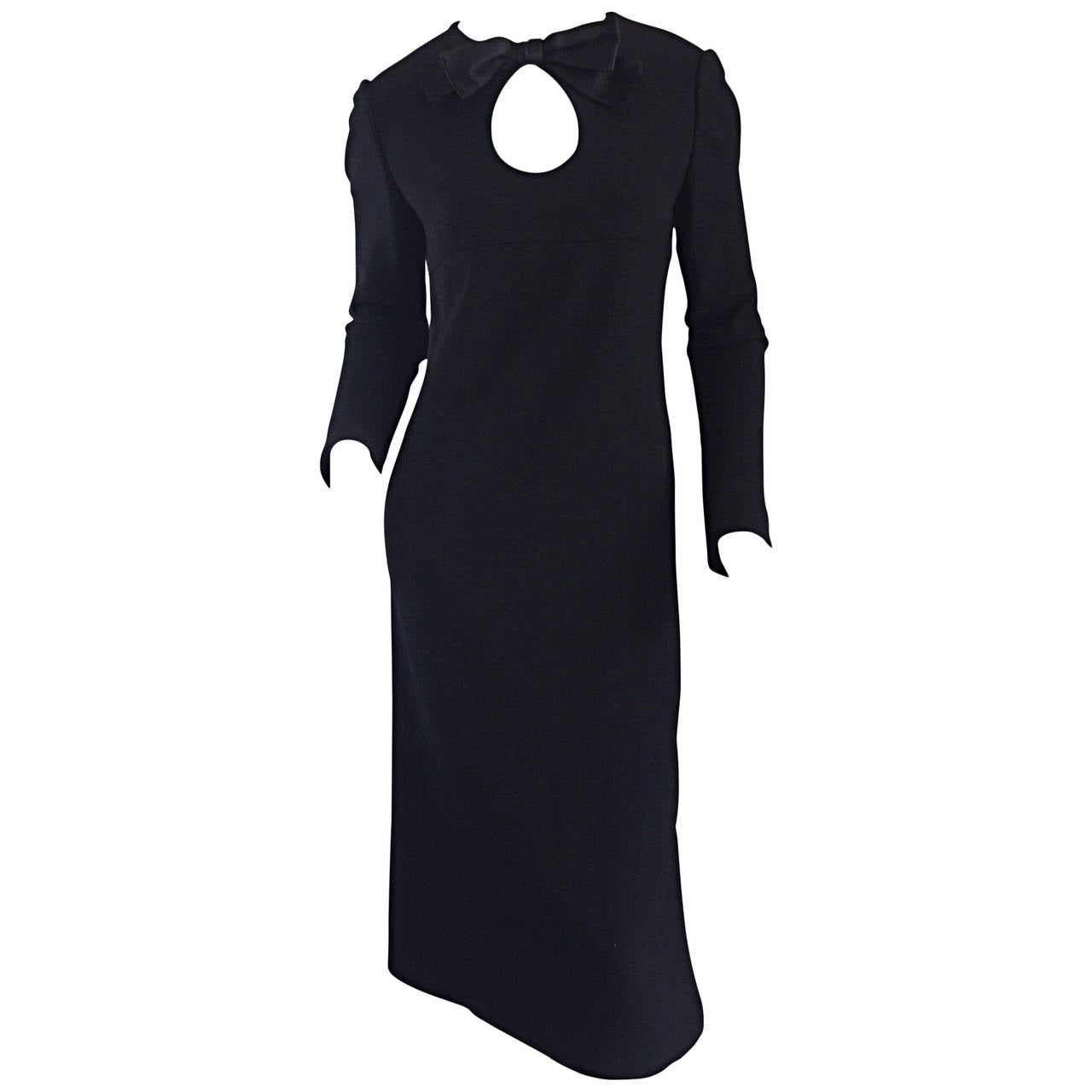 Iconic Vintage Pierre Cardin 1960s 60s Black Wool Cut - Out Dress w/ Bow