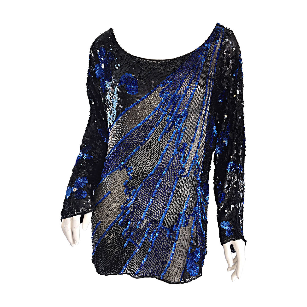 Black + Blue Sequined and Beaded Silk Fireworks and Flowers Top Attr ...
