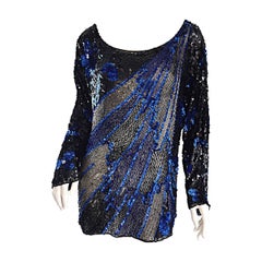 Vintage Black + Blue Sequined and Beaded Silk Fireworks & Flowers Top Attr. to Halston