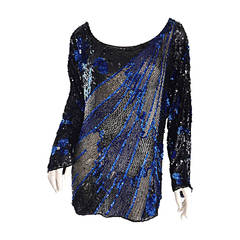 Black + Blue Sequined and Beaded Silk Fireworks & Flowers Top Attr. to Halston 7