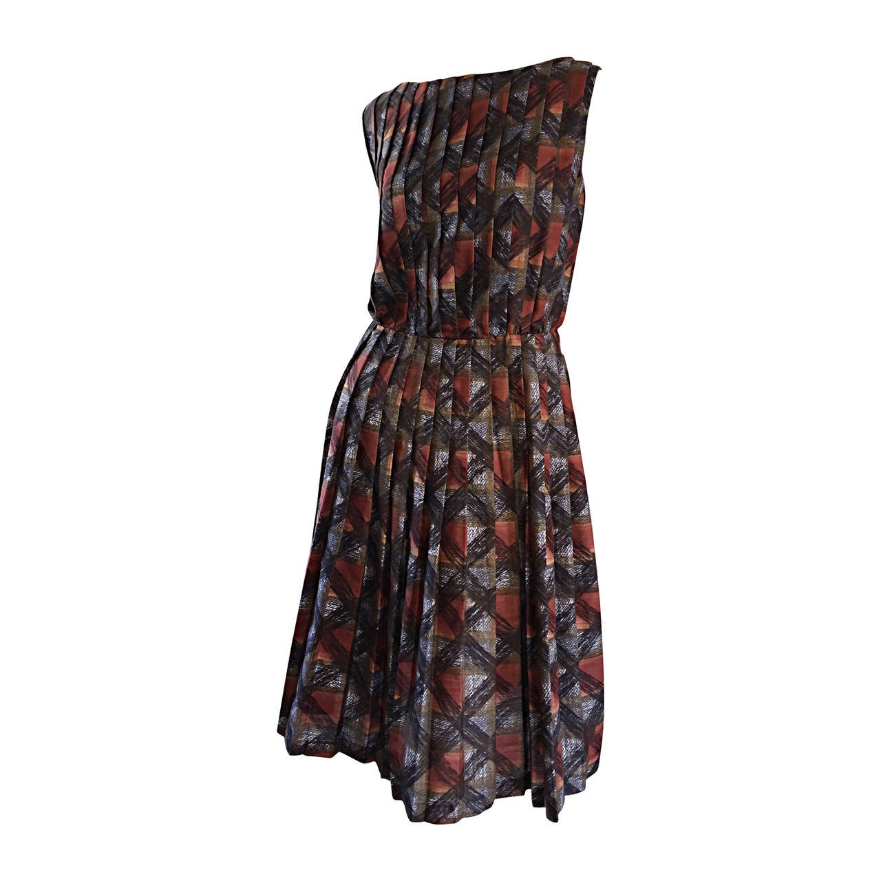 1950s Autumnal 3 - D Checkered Plaid Pleated 50s Cotton Vintage Dress For Sale