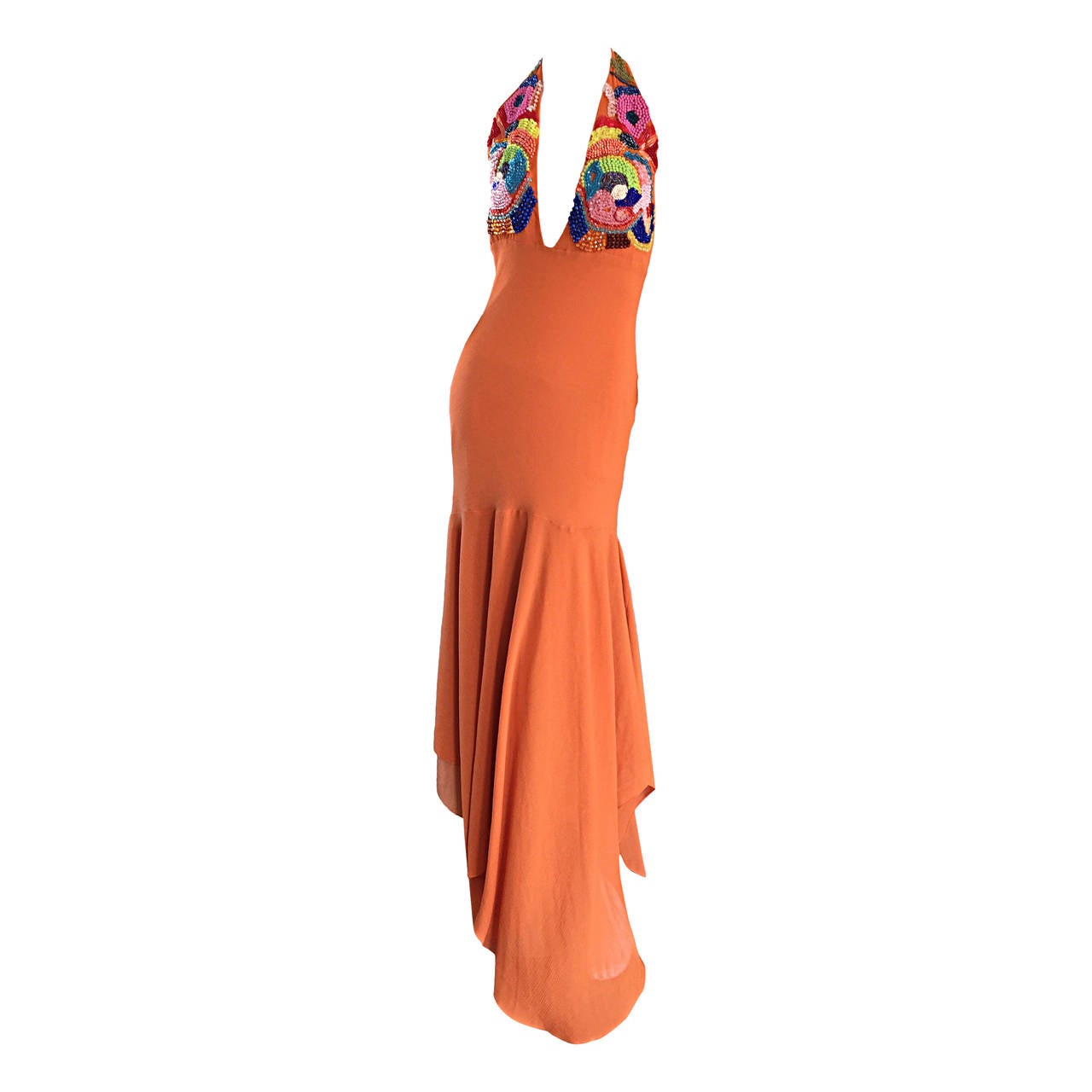 Sexy 1990s Silk Crepe Orange Mermaid Gown 90s Vintage Maxi Dress Vibrant Beading